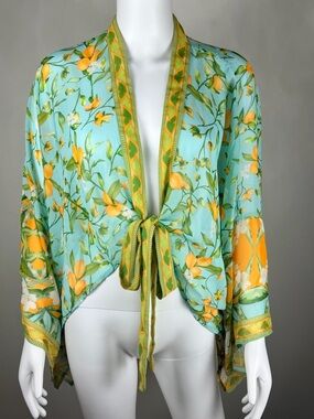 Anthropologie Pilcro Kimono Aqua Blue Lemon Print Lightweight Boho Beachy Tie